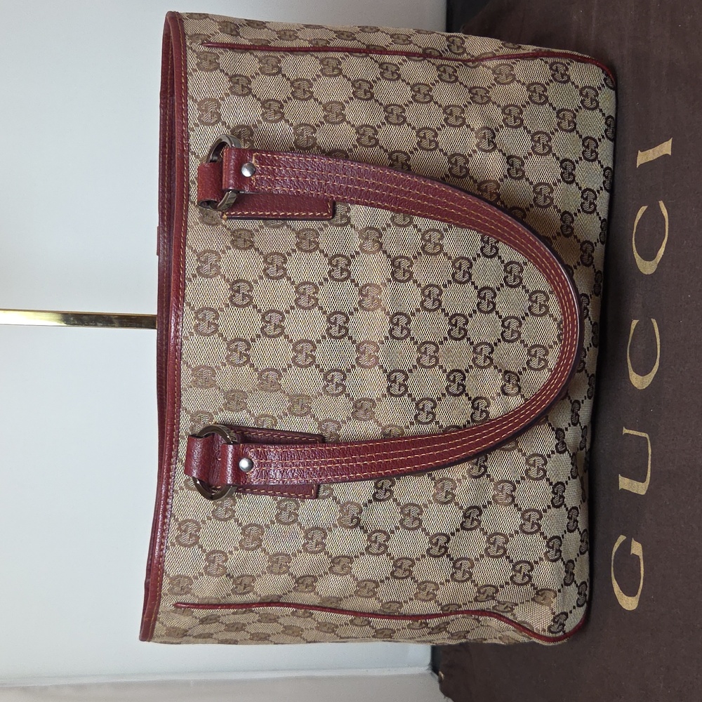 GUCCI 2005 Coated Canvas/Leather Equestrian  structured Open Tote Bag Bordeaux